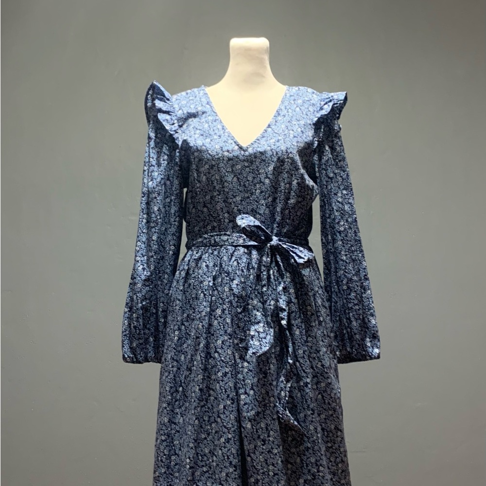 J.Crew Sz Small Long Sleeve Blue Floral Print Belted Dress - Picture 3 of 7